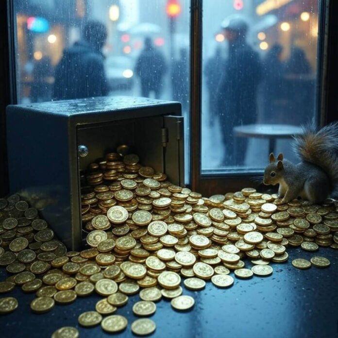 Vintage cyberpunk safe spilling gold coins, squirrel. Vintage cyberpunk safe spilling gold coins, squirrel.