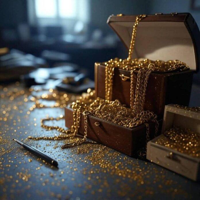 Blurry jewelry box chaos, 24K chains, leaky pen. Blurry jewelry box chaos, 24K chains, leaky pen.