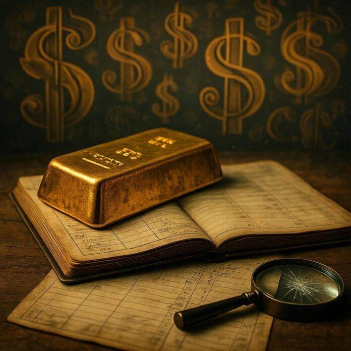 Dented gold bar, ledger, cracked magnifying glass, dollar signs.