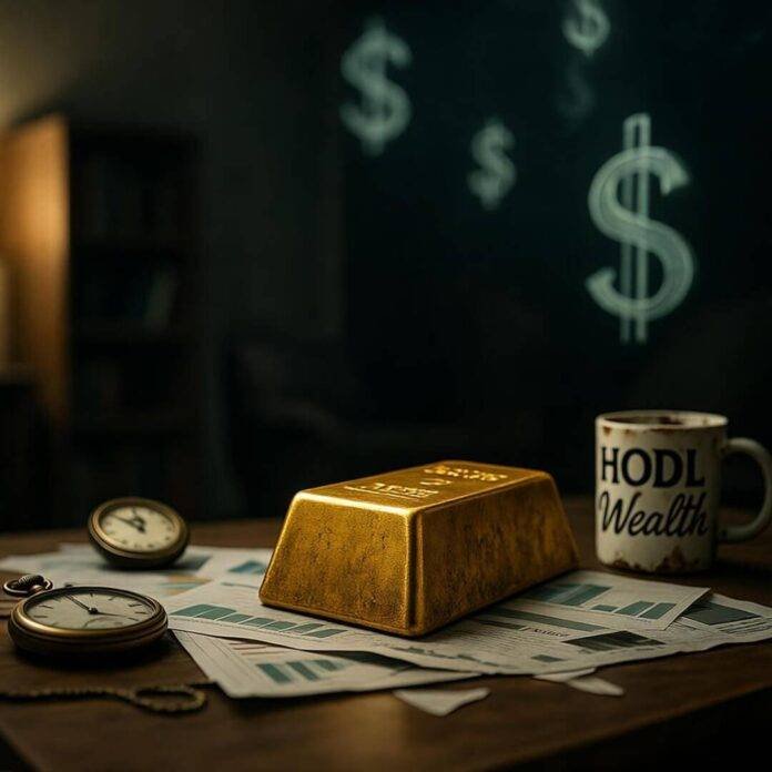 Cluttered desk with tarnished gold bar, cautious vibe.