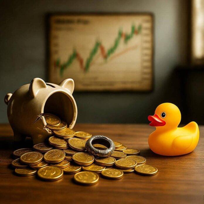Gold coins spill from cracked piggy bank, rubber duck. Gold coins spill from cracked piggy bank, rubber duck.