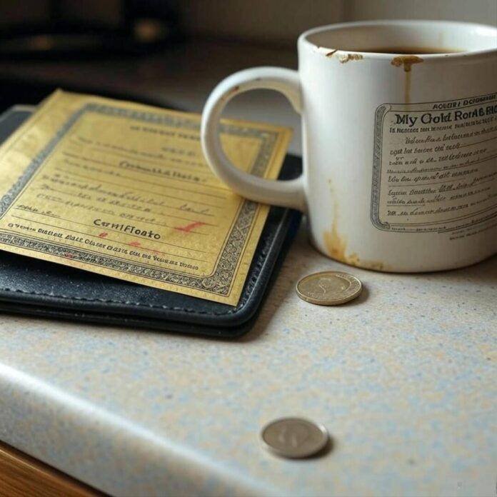 Messy wallet with gold bond, coffee stain, coin. Messy wallet with gold bond, coffee stain, coin.