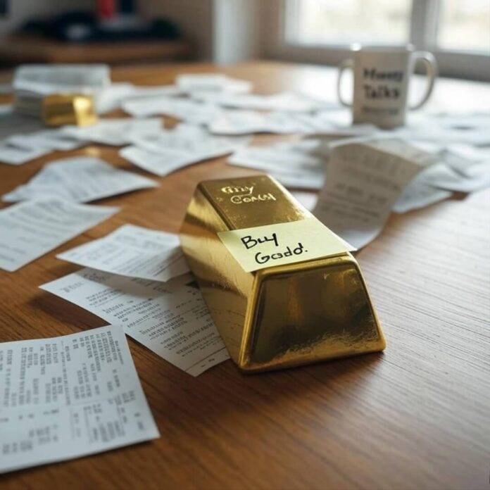 Shaky gold bar on messy table with receipts.